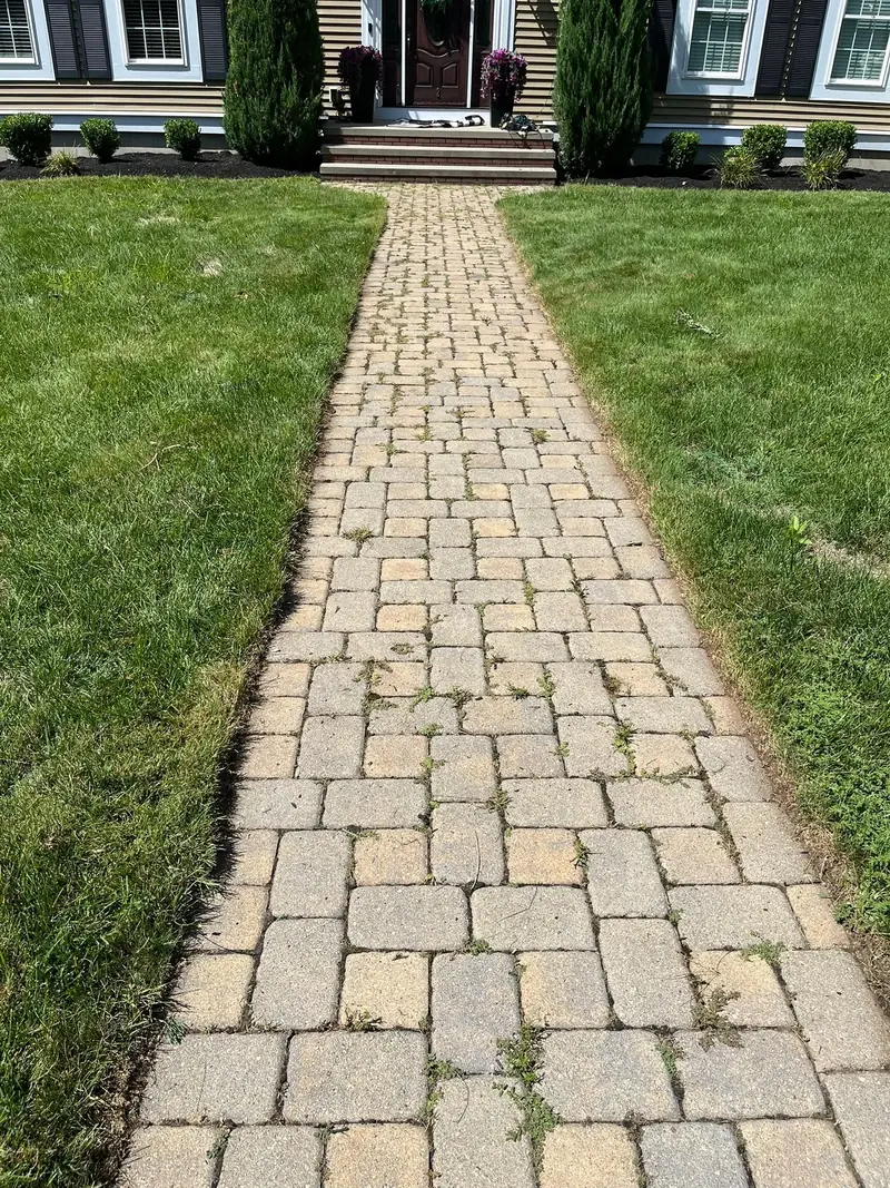 Before: paver walkway leading to a tan two-story house, with weeds and dirt growing in the joints between the pavers